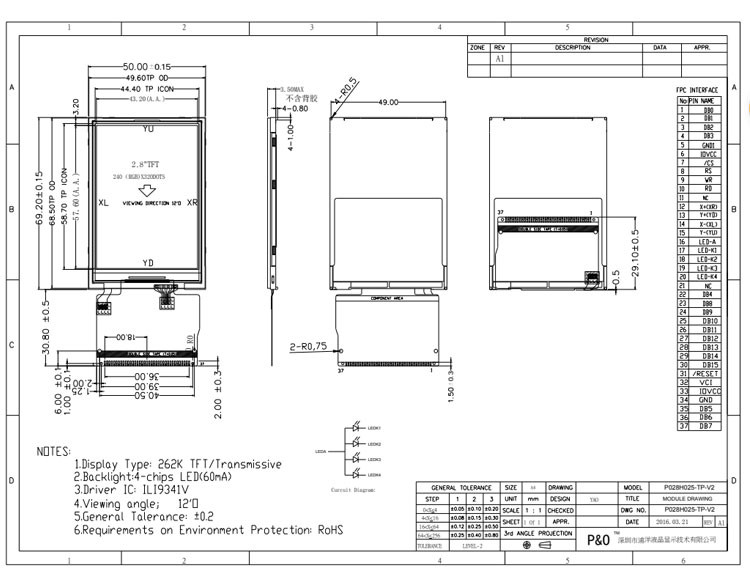 Polcd Écran tactile TFT LCD à angle de vision complet de 2,8 pouces Panneau IPS lisible à la lumière du soleil