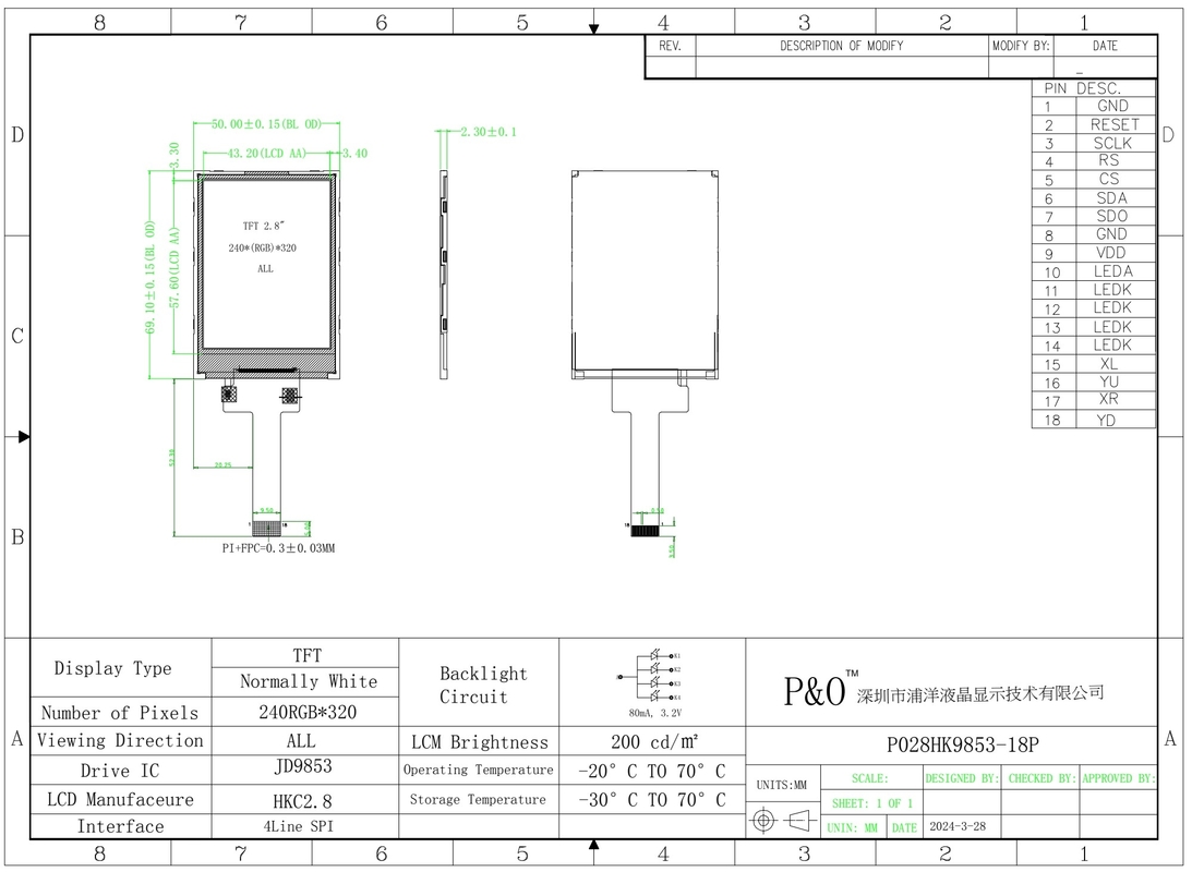 Polcd 2,8 pouces 240x320 IPS TFT Écran LCD SPI JD9853 IC Toutes les angles de vue libres Module d'affichage du panneau