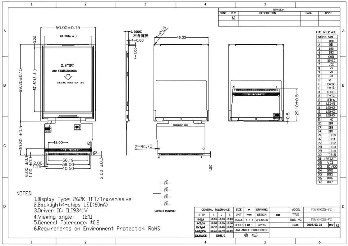 Polcd 300 Luminosité 240X320 Écran LCD médical ILI9341V d'affichage à cristaux liquides Tft de 2,8 pouces