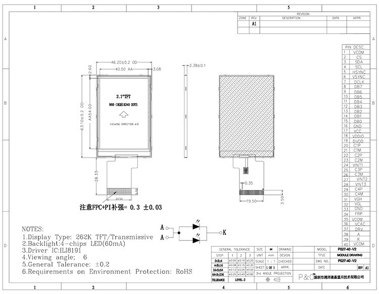 Polcd ILI8961 2.7 Tft LCD 960X240 TFT LCD Affichage RVB 8 Bit 6 0'CLOCK
