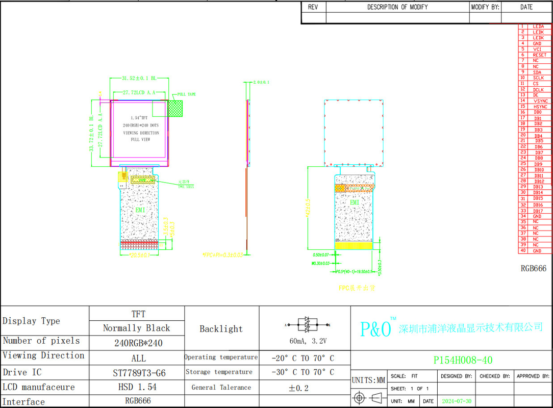 Polcd 1,54 pouces affichage LCD TFT 240x240 IPS Écran carré 40 broches RGB666 Interface Panneau LCD