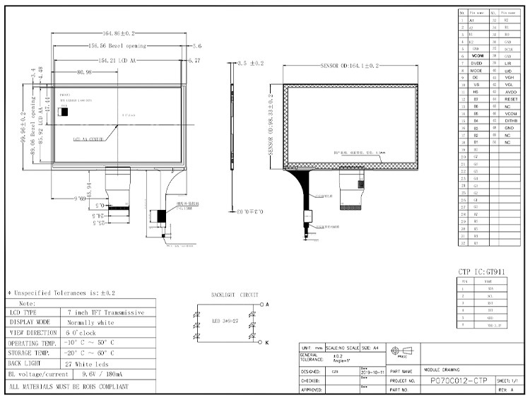 Polcd 7 pouces Module LCD de taille moyenne 800*480 Affichage TFT tactile capacitif haute luminosité