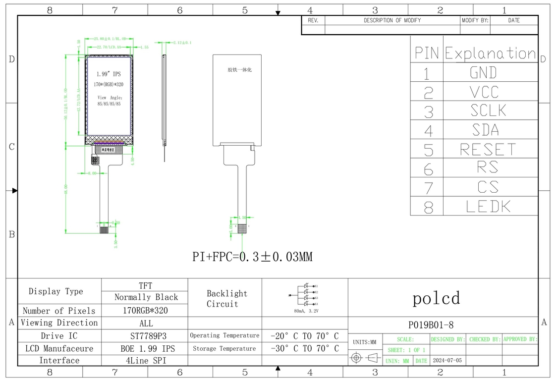 Polcd 1,9 pouce 170*320 ST7789P3-G6 SPI Bar TFT Module LCD Écran à 8 broches IPS Affichage LCM vertical