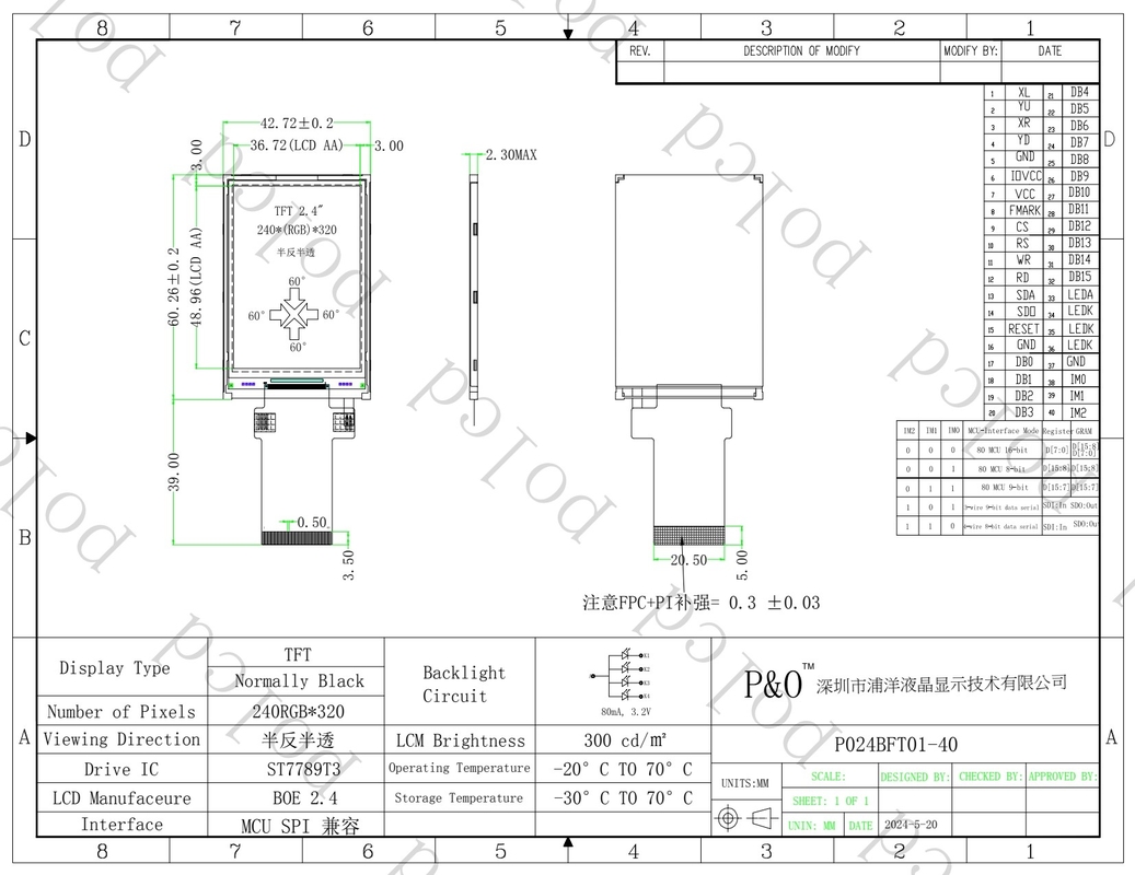 Affichage LCD à couleur complète Polcd Transflectrice TFT de 2,4 pouces SPI MCU 20 broches Qvga 240x320 TFT LCD