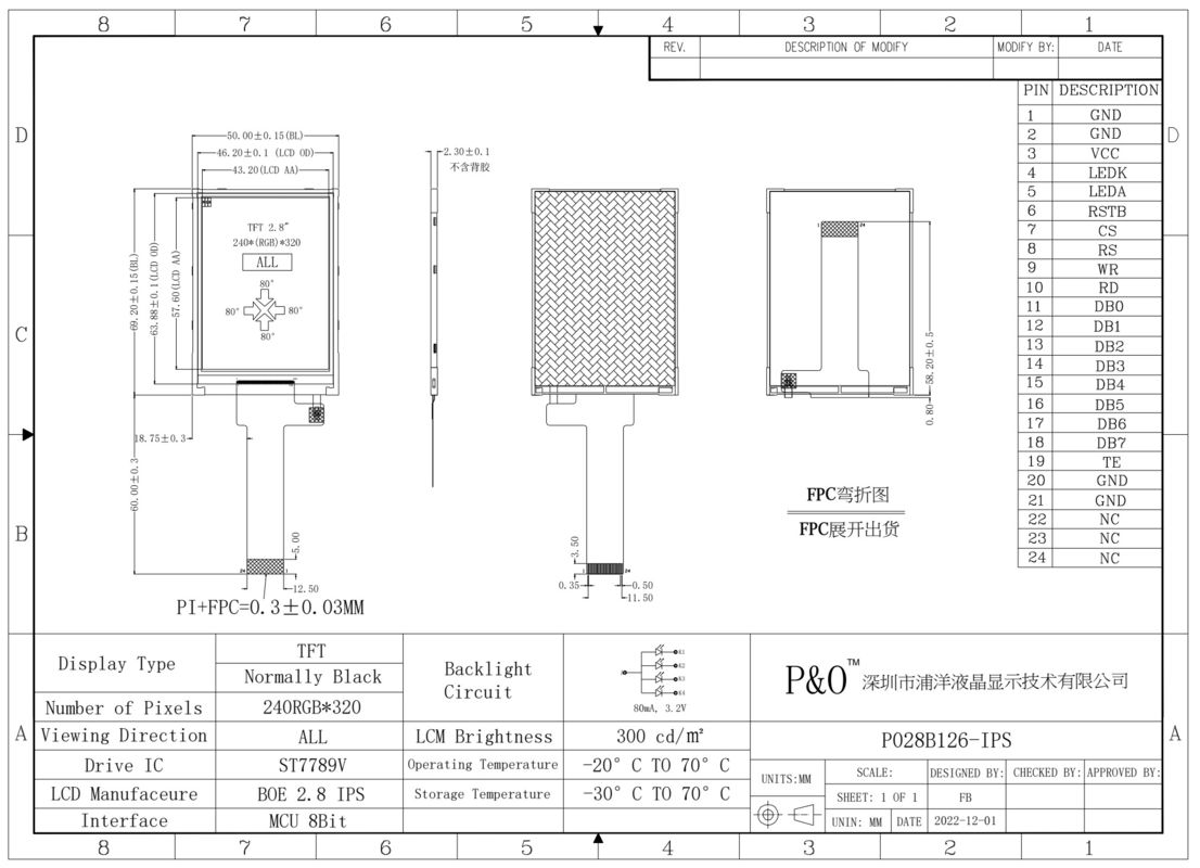 Polcd 2.8 pouces Module LCM 240x320 Résolution Interface MCU ST7789V 24 broches IPS TFT Affichage LCD