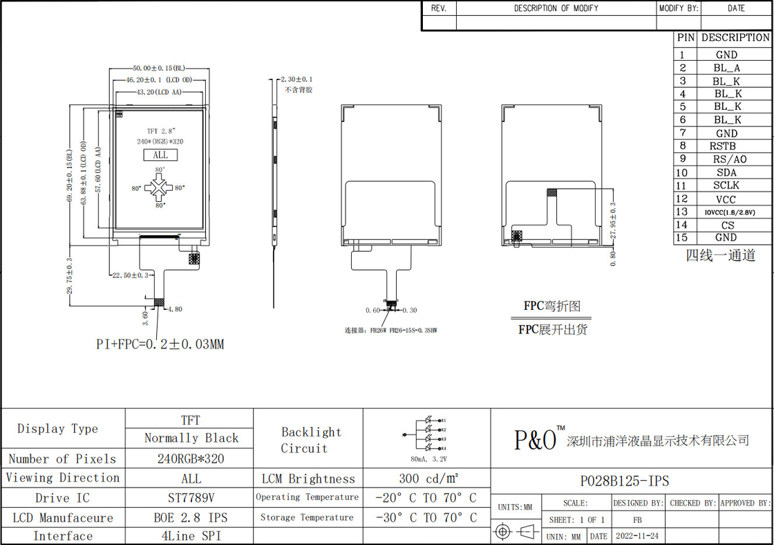 Polcd Écran LCD personnalisé 2,8 
