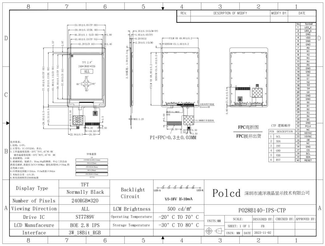Polcd haute luminosité 500nit 2,8 pouces Écran LCD 240x320 interface RVB IPS CTP Affichage TFT tactile capacitif