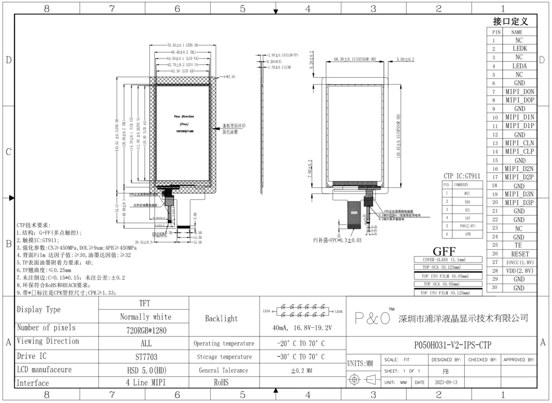 Polcd 5 pouces TFT LCD Module 720 * 1280 IPS Vue de l'angle de toucher du panneau LCD capacitif