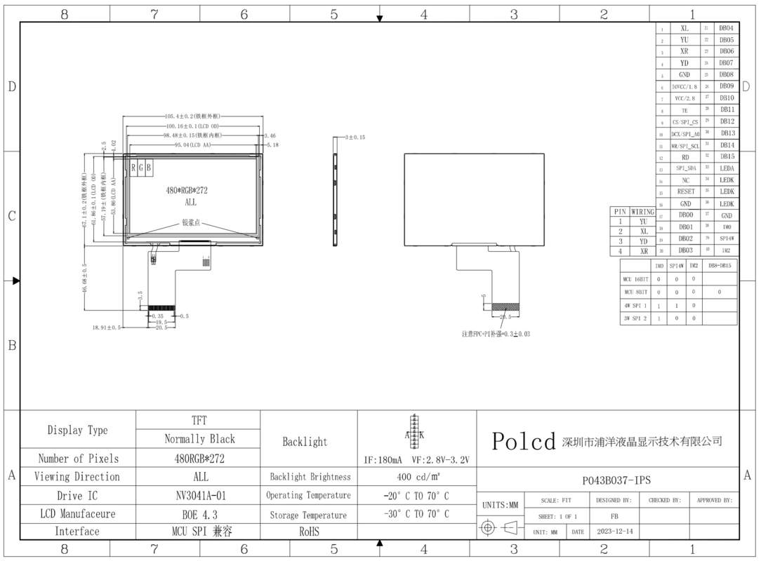 Polcd Module LCD TFT de 4,3 pouces 480x272 NV3041A Display IC à 20 broches IPS Affichage LCD TFT à vue large