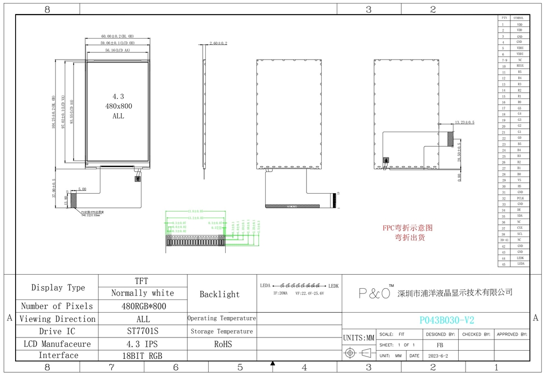 Polcd personnalisé écran TFT de 4,3 pouces 480x800 Résolution IPS Full View Angle 45 broches 4,3 pouces Module LCD