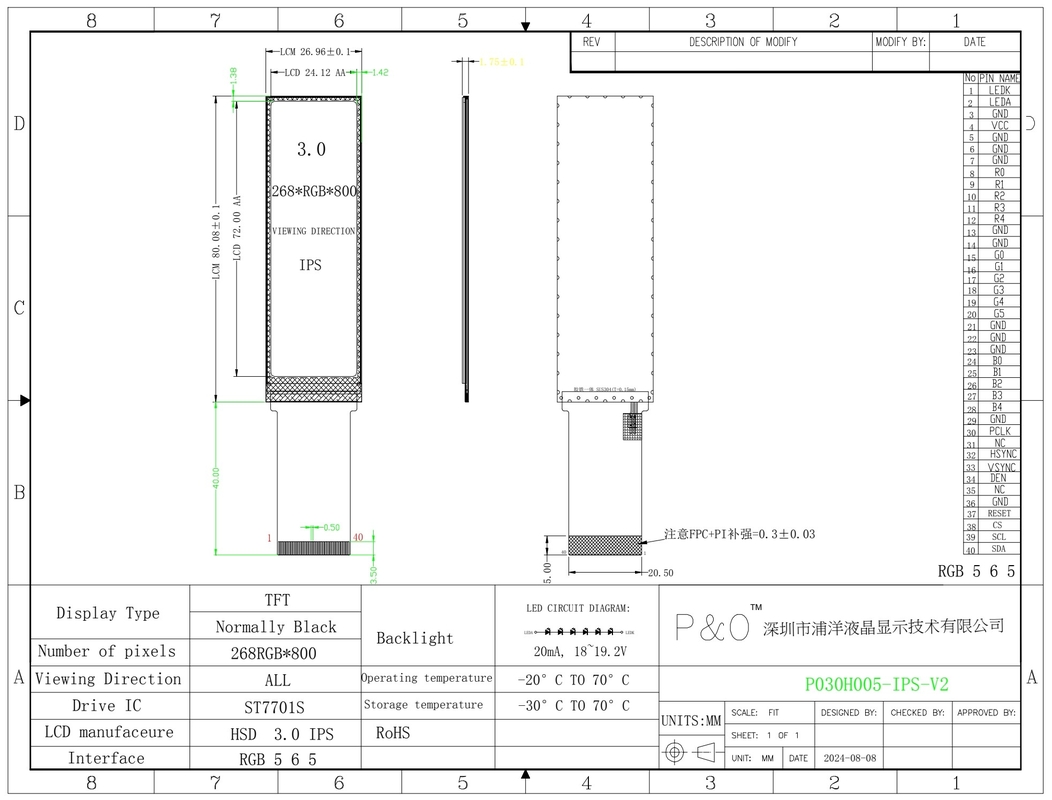 Polcd IPS 268x800 ST7701S Haute luminosité 700nits Affichage LCD TFT de 3,0 pouces