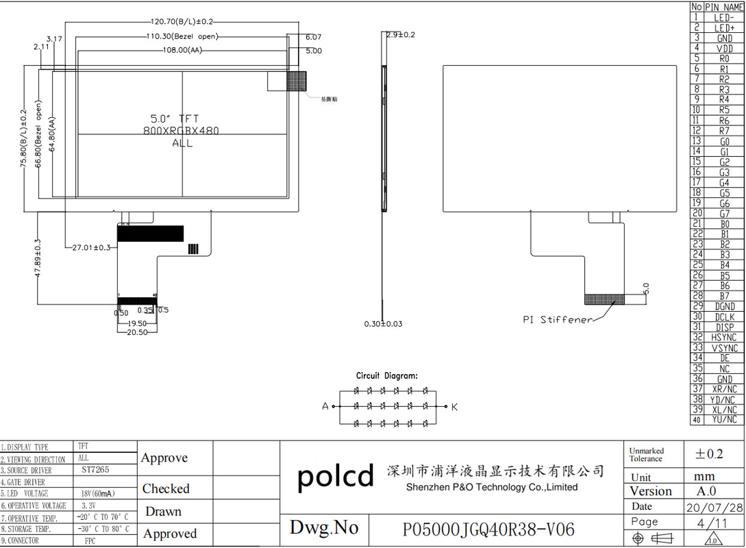 Polcd écran LCD de 5 pouces 800x480 Résolution ST7262 pilote IC Interface RGB Affichage TFT