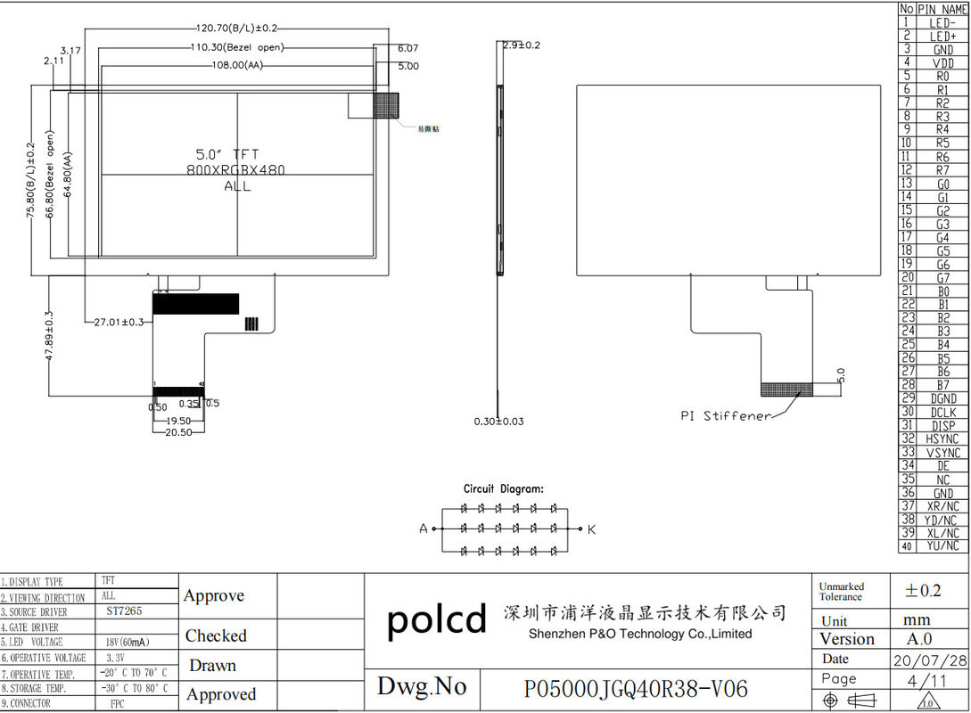 Polcd 5 pouces TFT LCD 800x480 500nits Lumière RGB 24 bits Interface Module d'écran IPS