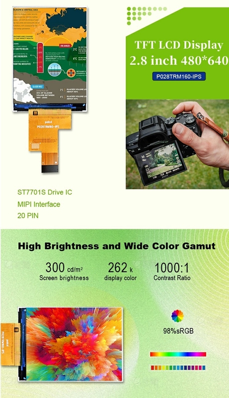 Polcd afficheur LCD IPS de 2,8 pouces avec interface MIPI 480x640 Résolution 300nits Module LCD TFT de 2,8 pouces