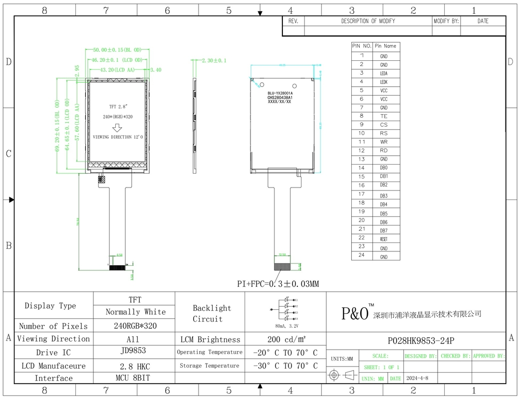 Polcd 2,8 pouces affichage TFT 240x320 IPS Écran à contraste élevé 1200: 1 TFT Panel Module LCD
