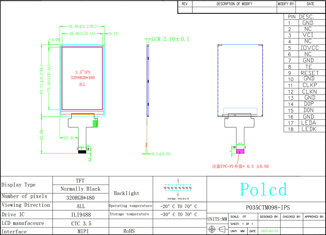 Polcd 3,5 pouces IPS TFT LCD 320*480 Ili9488 Disque IC 600:1 Modules d'affichage LCD à rapport de contraste