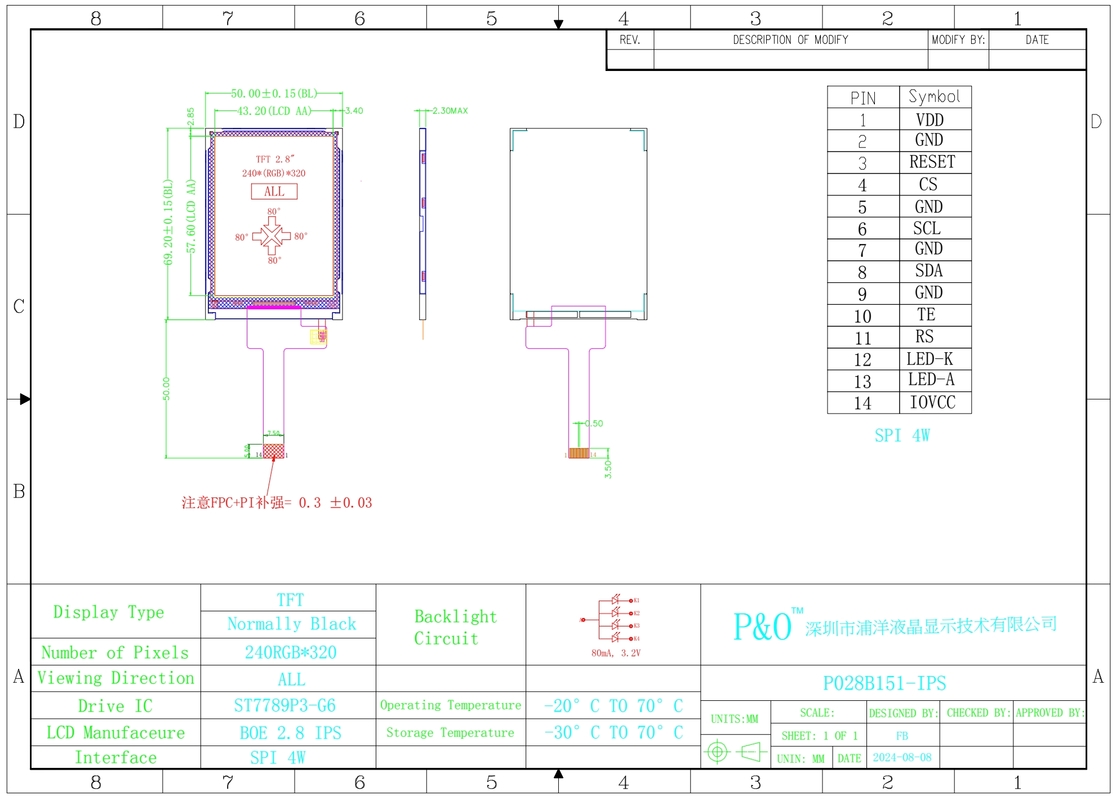 Module LCD TFT 2,8 pouces matrice 240x320 Polcd 20 broches FPC LCM ST7789 Personnalisable Fabricant
