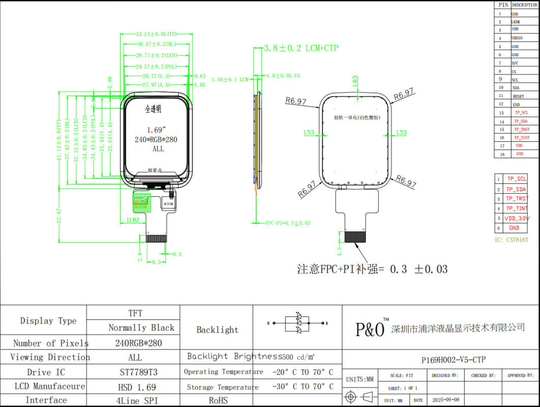 Polcd 1,69 pouces 240x280 TFT Module d'affichage LCD carré Écran tactile pour montre intelligente