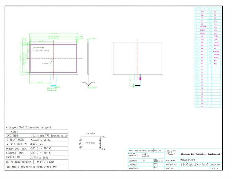 Résolution Polcd 1024X600 Écran LCD 10,1 pouces EK79001 Module d'affichage Tft 750 Nit