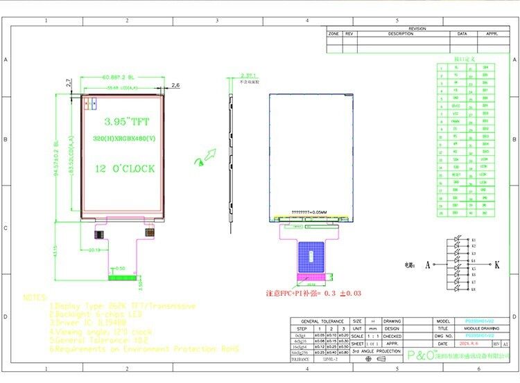 Polcd 3,95 pouces affichage LCD 320*480 Interface RVB ILI9488 Module LCD TFT à transmission à 40 broches