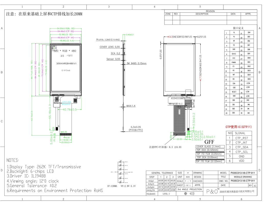 Polcd 3,5 pouces QVGA affichage LCD avec résolution 320x480 MCU Interface SPI Panneau tactile 3,5 