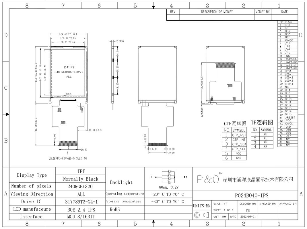 Polcd 2,4 pouces Interface MCU TFT Display Driver IC ST7789V2 240x320 Résolution 2,4 pouces Modules LCD TFT