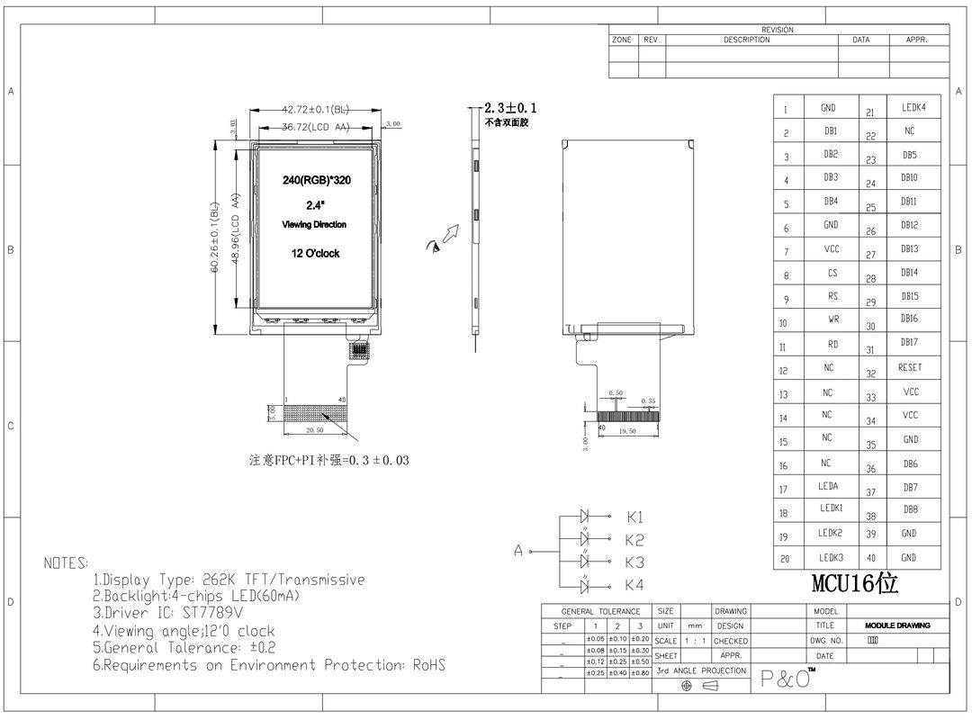 Polcd 3.3V Alimentation LCM Écran Tactile Affichage 2.4 pouces Module LCD Panel