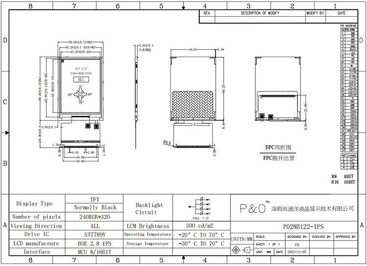 Polcd Petit écran QVGA de 2,8 pouces 240x320 Haute luminosité 300nits Interface SPI Affichage IPS TFT