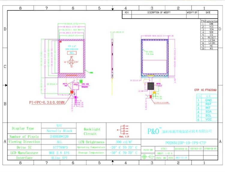 2.8 pouces 178° Ips Tft Écran tactile capacitif Full View Angle Spi Interface