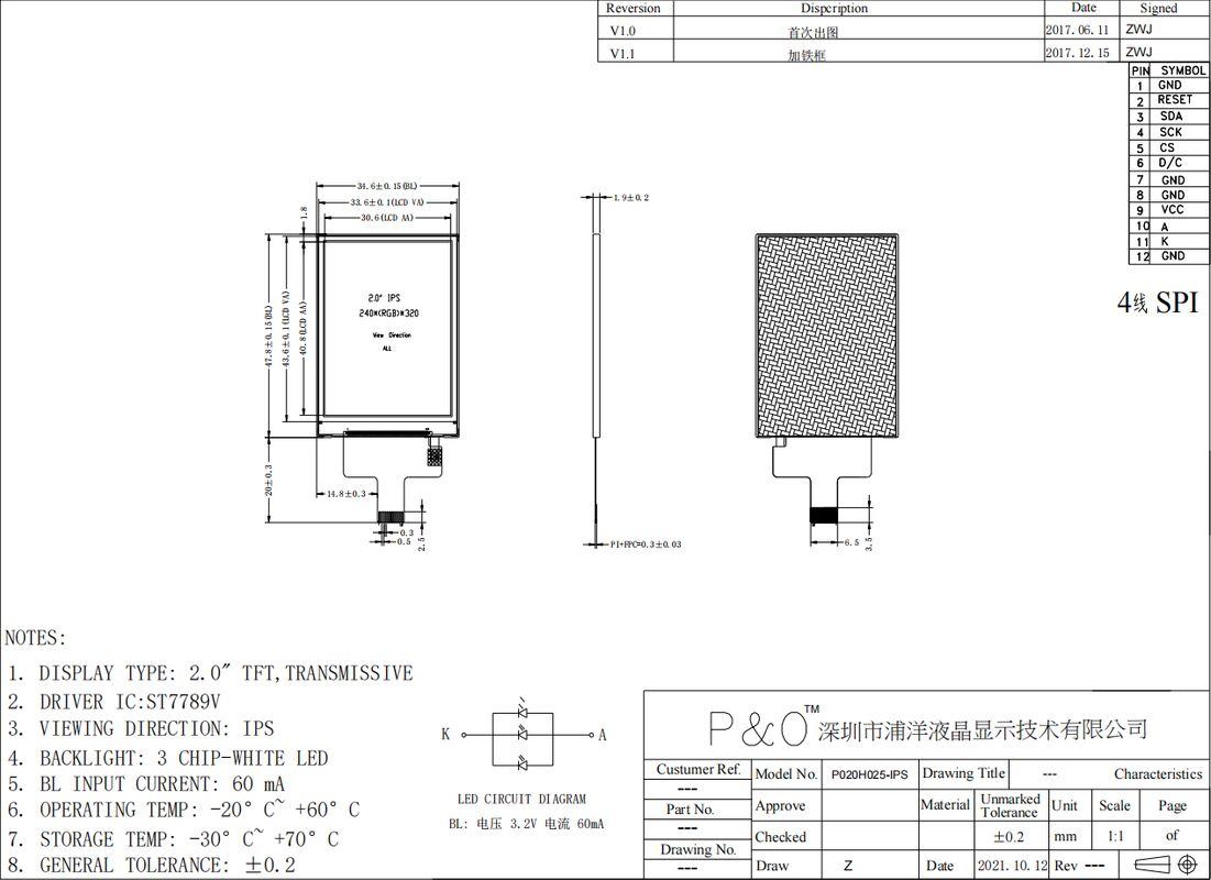 Polcd Module LCD TFT personnalisable de 2 pouces 240x320 avec interface SPI Panneau d'affichage couleur IPS