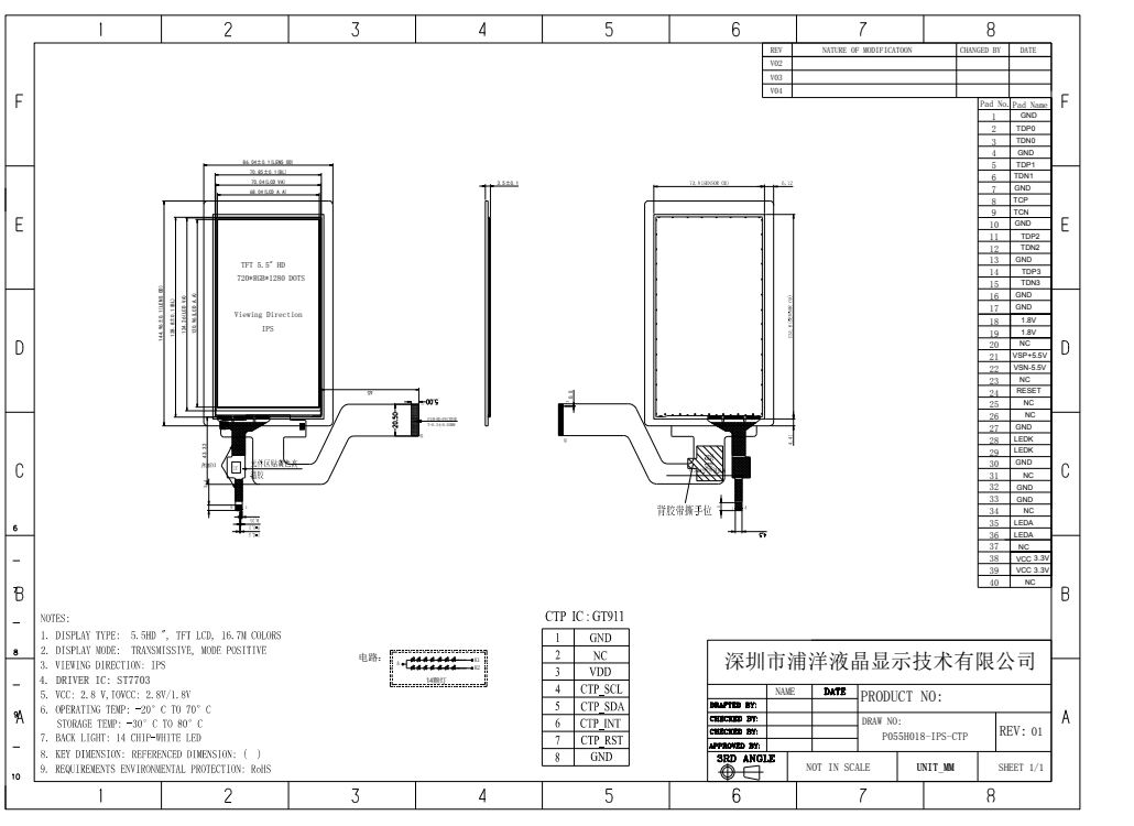 Polcd Module TFT de 5,5 pouces 750x1080 Résolution Panneau tactile Écran MIPI Interface 40 broches IPS Vue d'angle TFT Affichage LCD