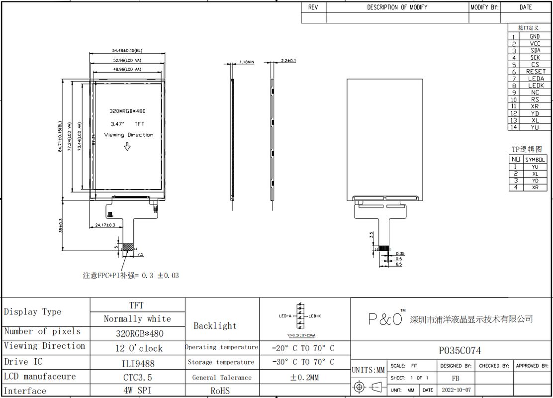 Polcd 320X240 Résolution Module d'écran LCM ILI9488 Display LCD TFT SPI de 3,5 pouces