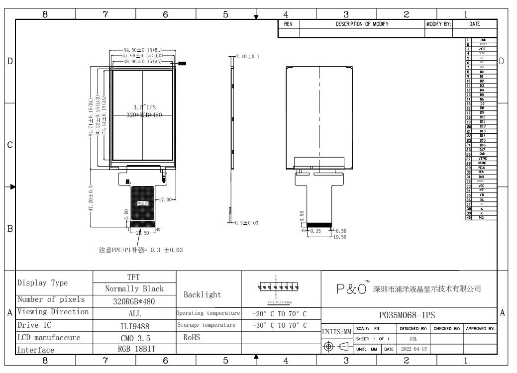 Modules d'écran TFT-LCD IPS à angle de vision capacitif tactile couleur 3,5 pouces 320x480 Polcd Colorful