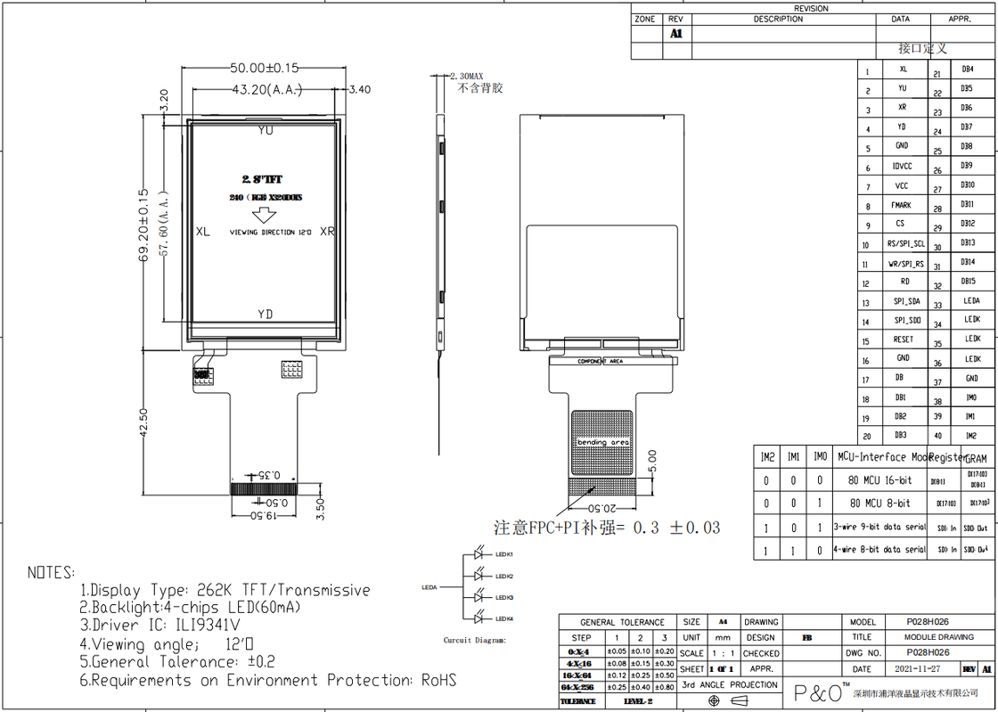 Polcd 2.8 pouces TFT Module 240x320 Résolution SPI MCU interface ILI9341v TFT Transmissive 2.8 