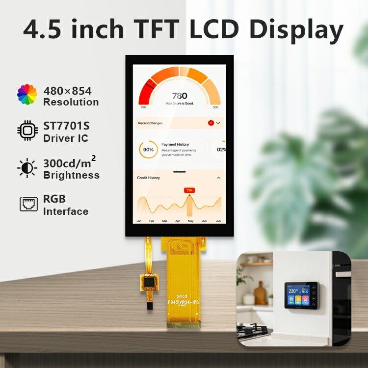 Polcd Panneau LCD TFT de 4,5 pouces avec écran tactile capacitif à résolution 480 * 854 Affichage couleur LCD à 40 broches
